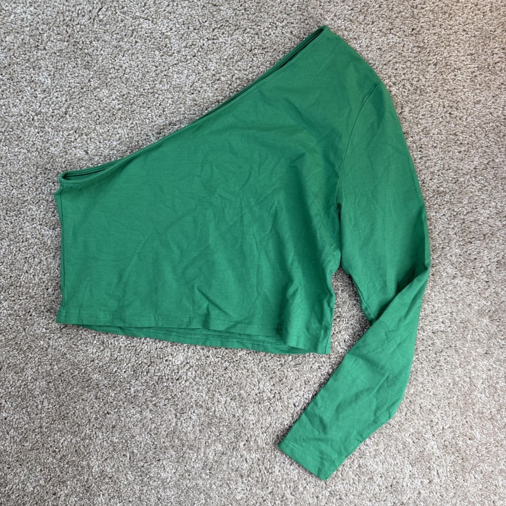 H&M Shirt Womens L Green One Shoulder Long Sleeve Cropped Jersey Top Casual